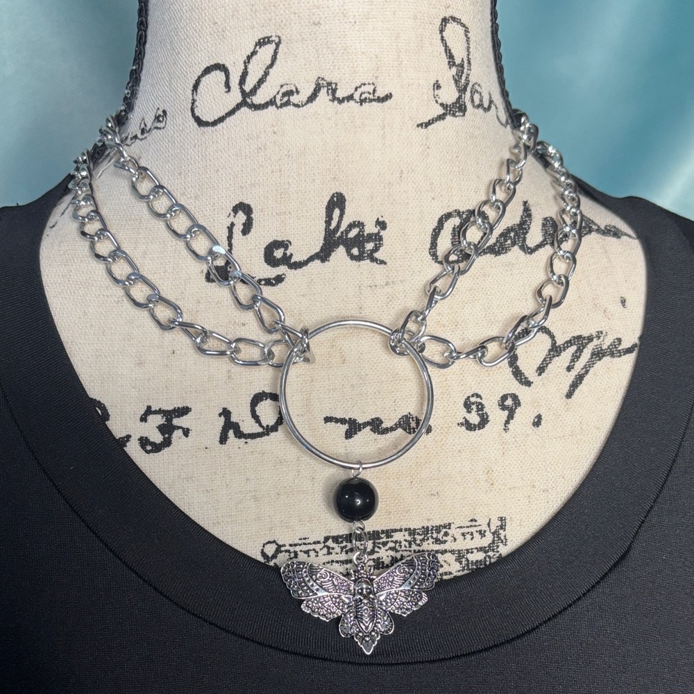 Hand Crafted Obsidian & Death’s Head Moth Chain Necklace Dark Romantic Whichcore